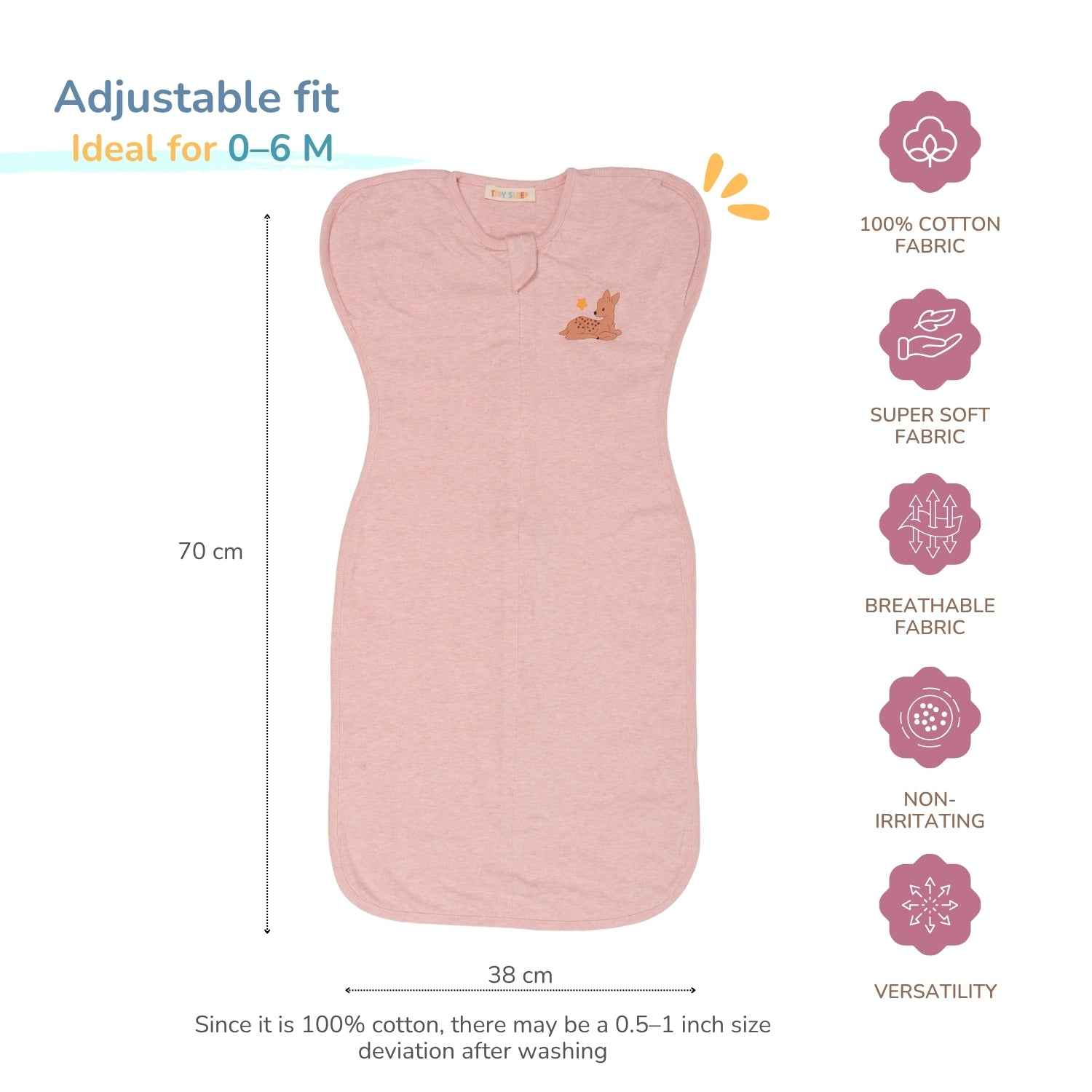 A pink adjustable baby swaddle blanket shown on a white background with measurement lines indicating 70 cm height and 38 cm width. Text on the left says 'Adjustable fit Ideal for 0-6 M' and a column of pink icons on the right lists its features.