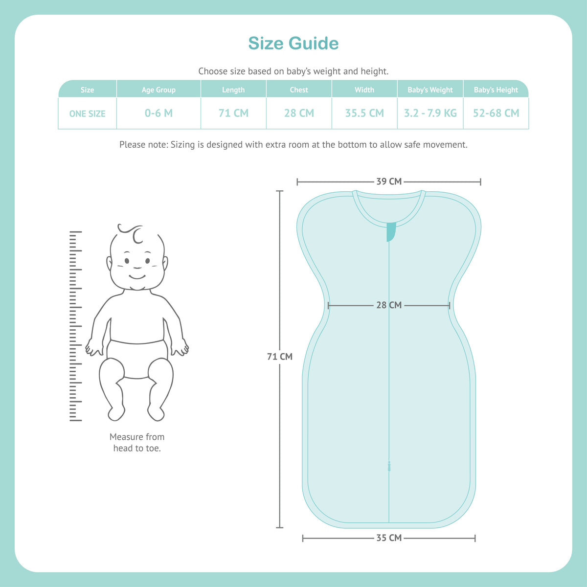 Size guide diagram for a baby bib, showing a size chart table, a line drawing of a baby for scale, and a large front-view measurement illustration of the bib with dimensions labeled.