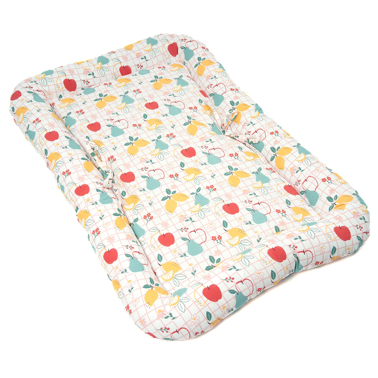 Baby Gadda Set with a colorful fruit pattern, featuring apples, pears, and lemons on a grid background. Soft and padded design.