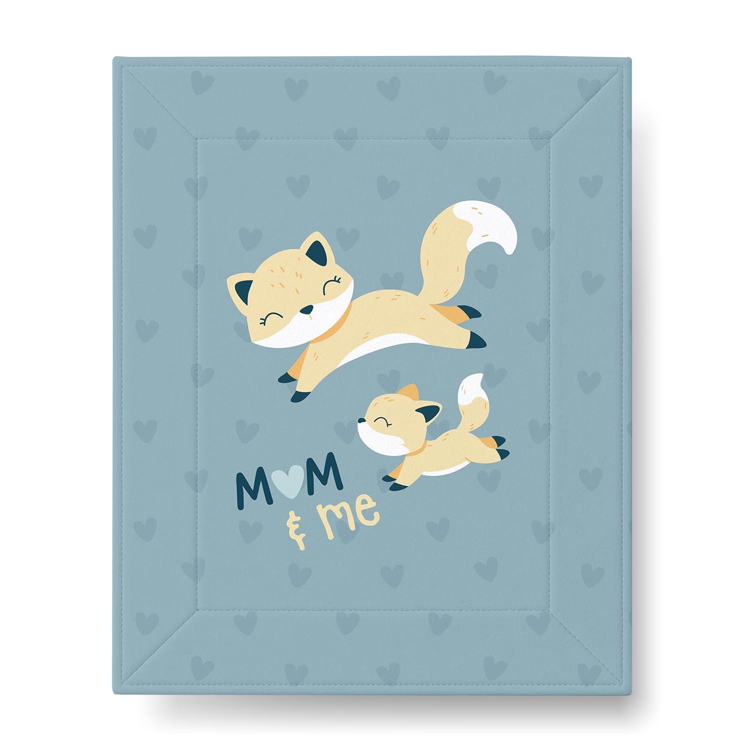 A blue baby blanket with two cute, smiling foxes, one large and one small, surrounded by small hearts. Text reads "Mom & Me," conveying warmth.