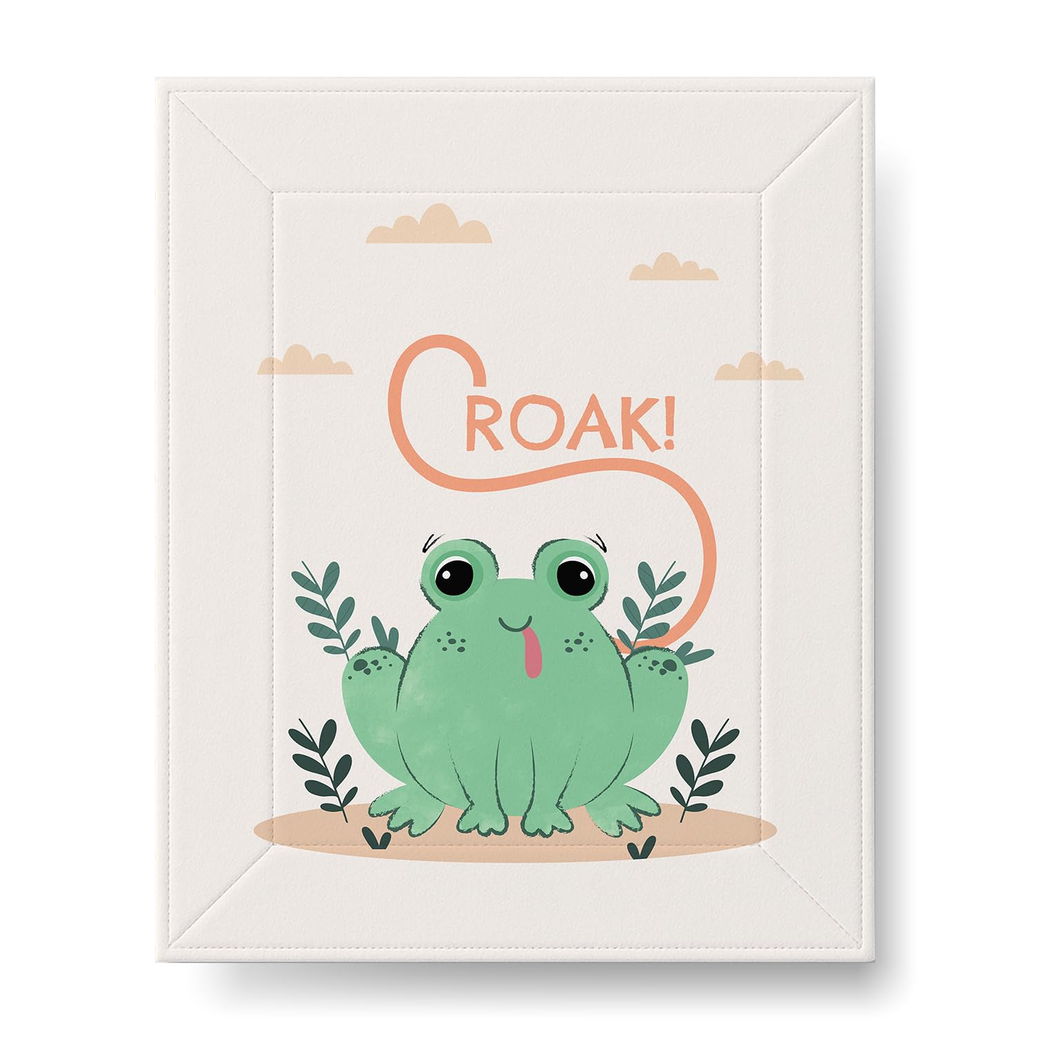 Cute, smiling cartoon frog with big eyes sits surrounded by leaves on a beige background. The word "CROAK!" appears above in playful letters.
