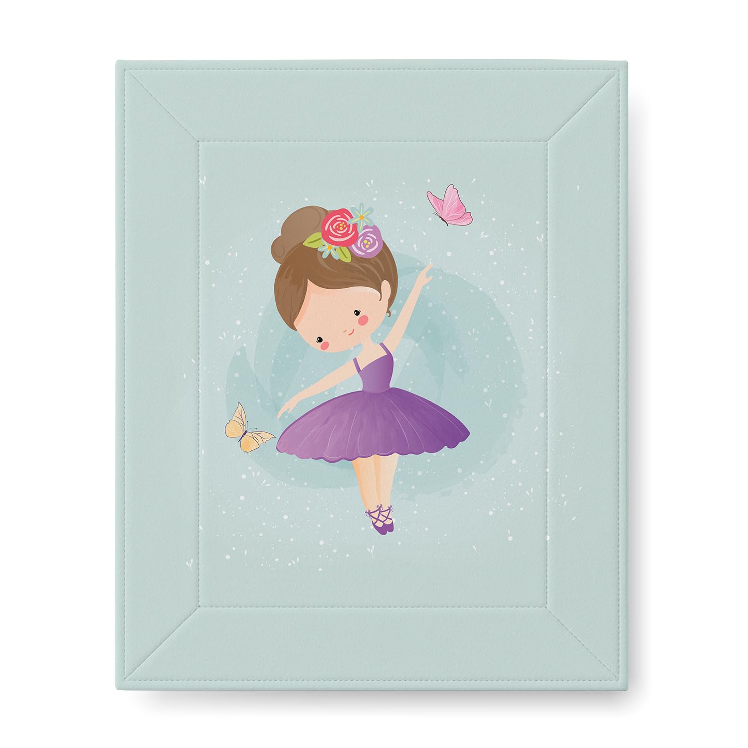 A cute ballerina in a purple tutu dances gracefully, surrounded by fluttering butterflies. She wears a floral headband, set against a light blue background.