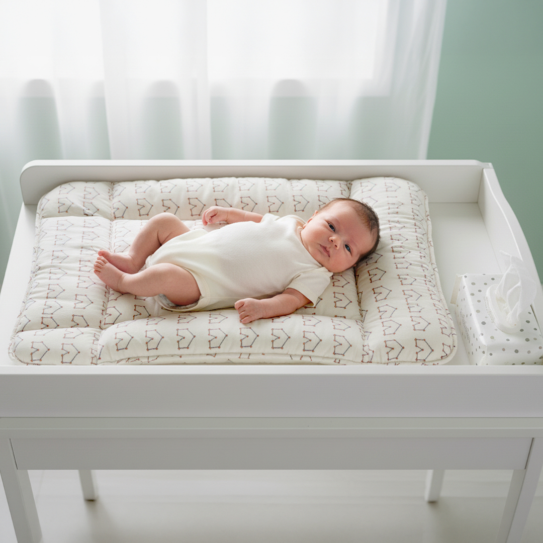 A baby lying on a white with repeating house patterned changing station on a white changing table, while an adult adjusts the baby's diaper. 