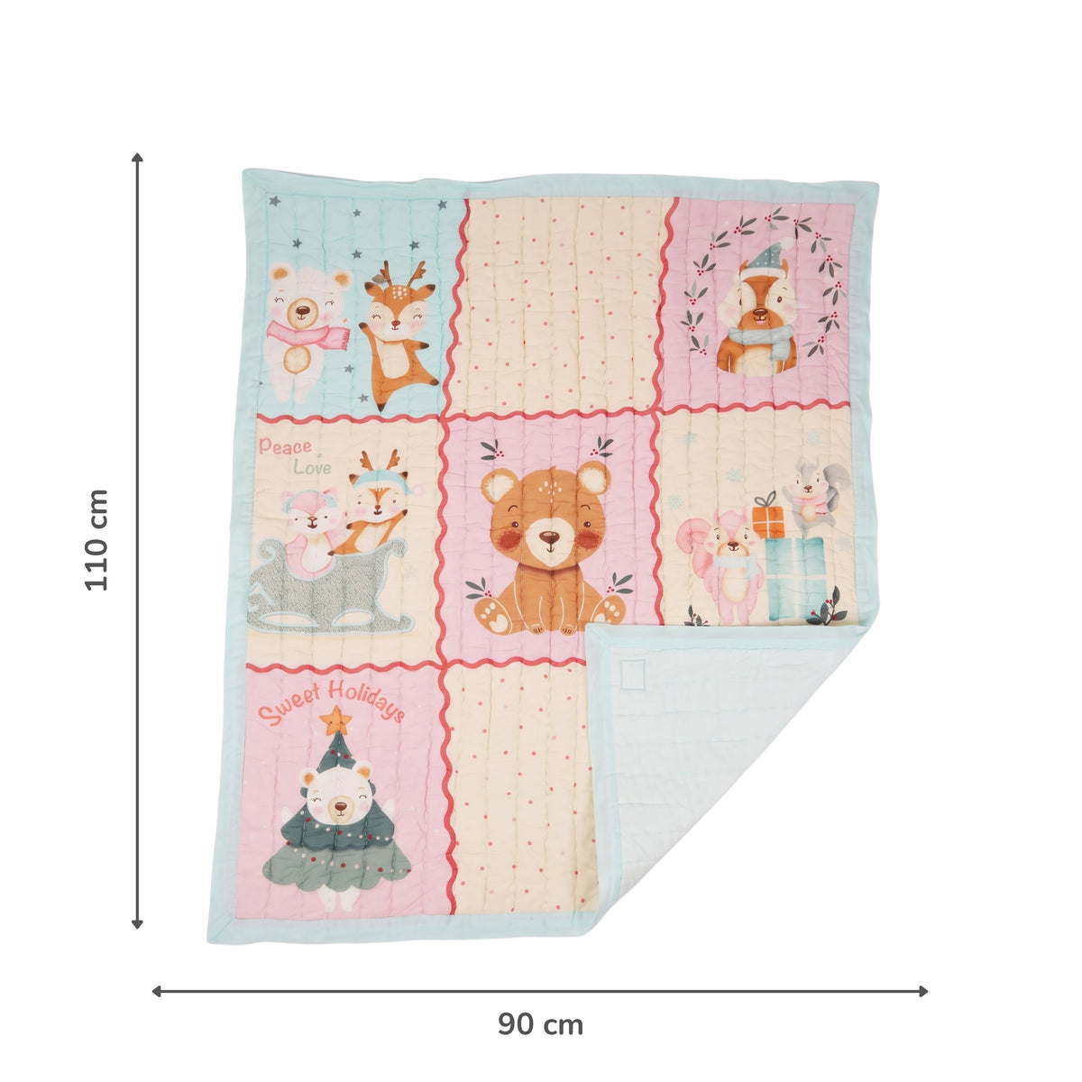 A square quilted baby blanket with a patchwork design featuring cartoon bears, deer, and trees in pastel colors, shown with dimension lines indicating 110 cm height and 90 cm width on a white background.