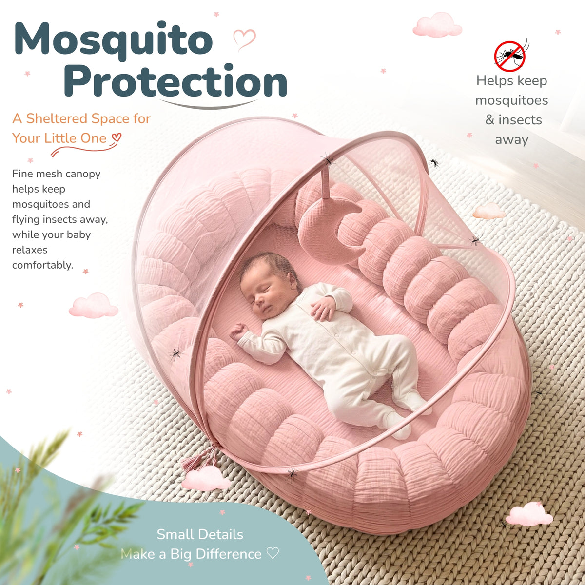 A baby in a white onesie resting [Supervised] inside a pink baby cloud nest bed with mosquito net,  set on a textured cream mat with promotional text overlays highlighting mosquito protection.