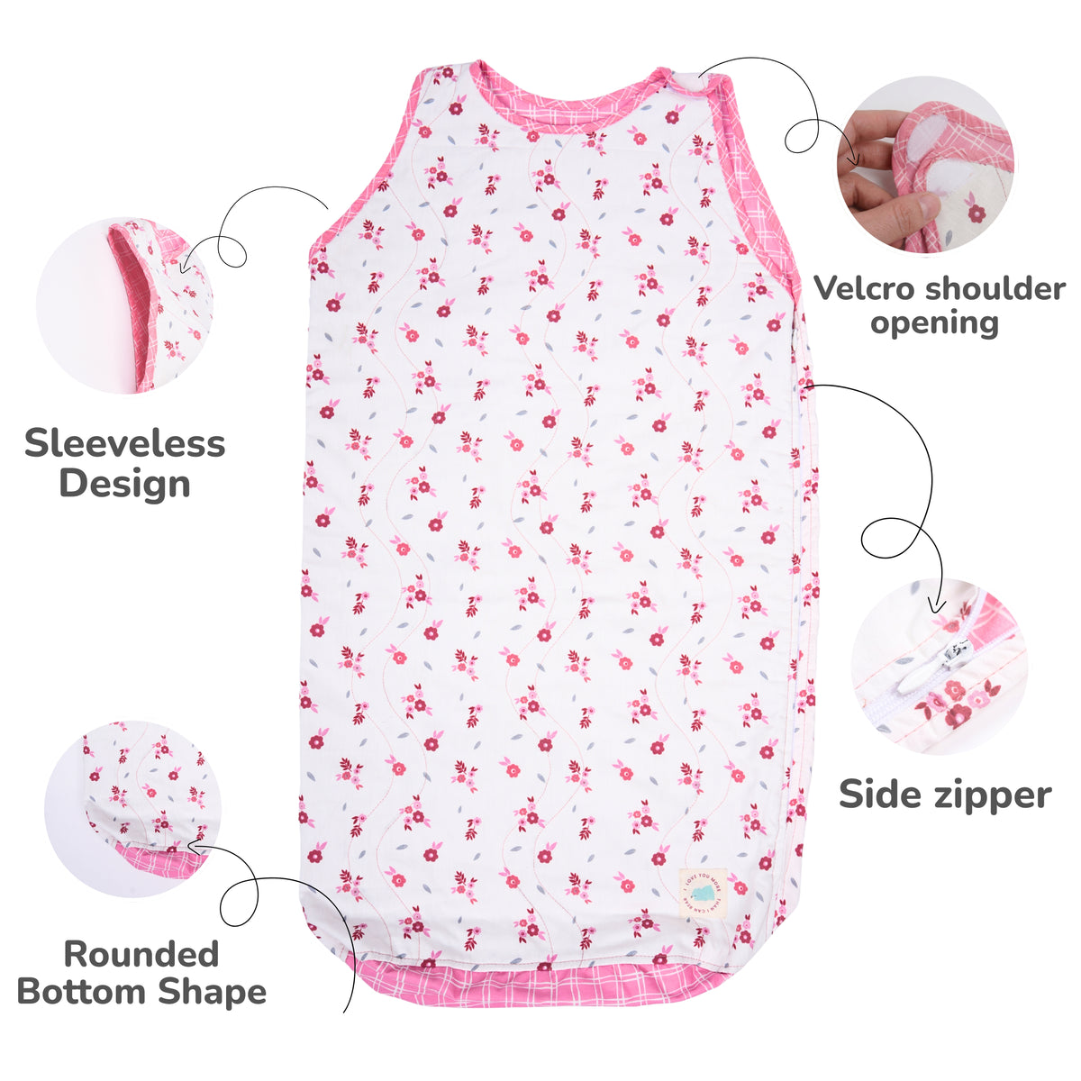 A sleeveless baby sleep sack with a pink cherry print on a white background, shown with callout circles and labels highlighting features like the sleeveless design, rounded bottom, side zipper, and velcro shoulder opening.