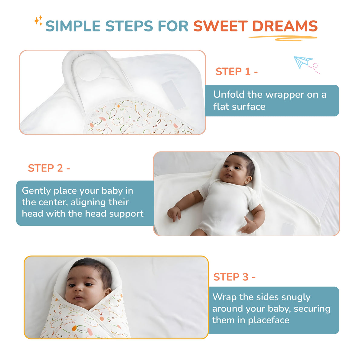 Instructional graphic titled 'SIMPLE STEPS FOR SWEET DREAMS' showing how to use a baby wrap pillow. It features three numbered steps with text and photos of a baby lying on and being wrapped in the white, patterned pillow.