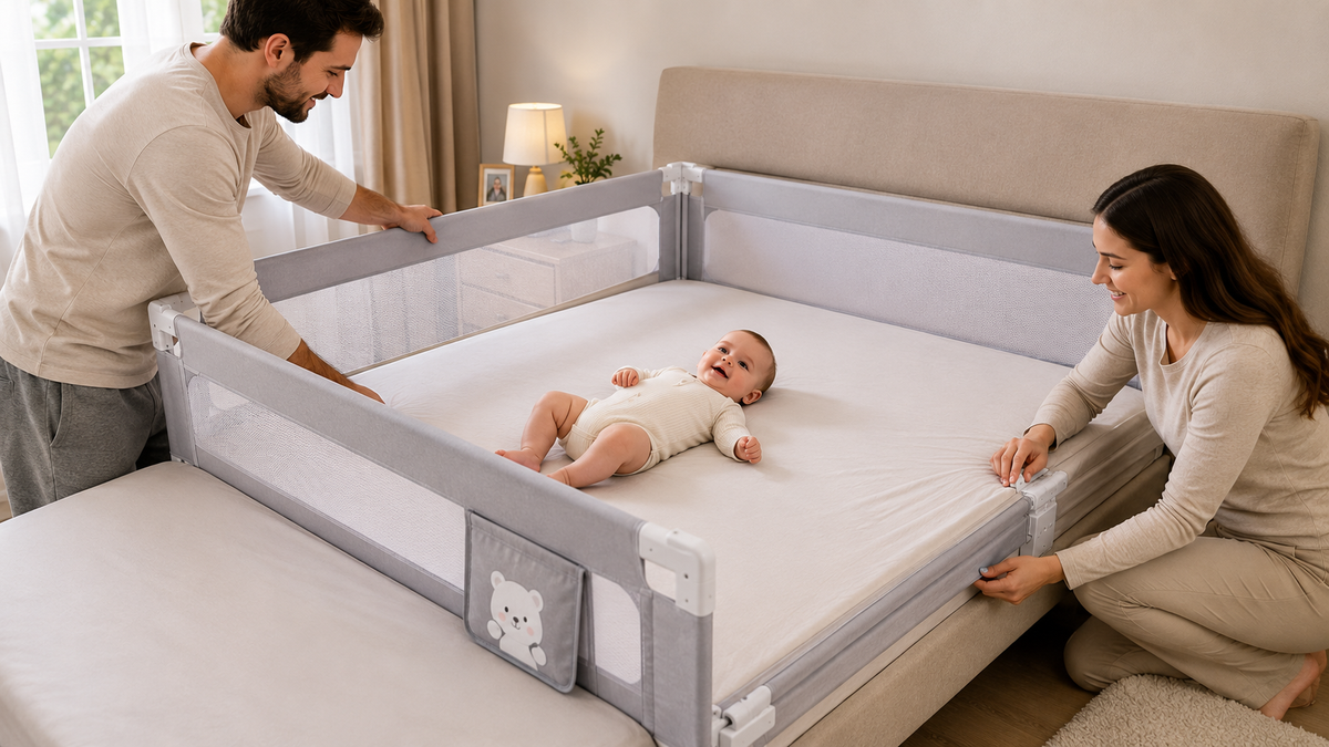 A smiling baby lies on a large bed with safety rails, while mom and dad adjust the rails on either side. The room is softly lit and cozy, with a lamp and small plant in the background.