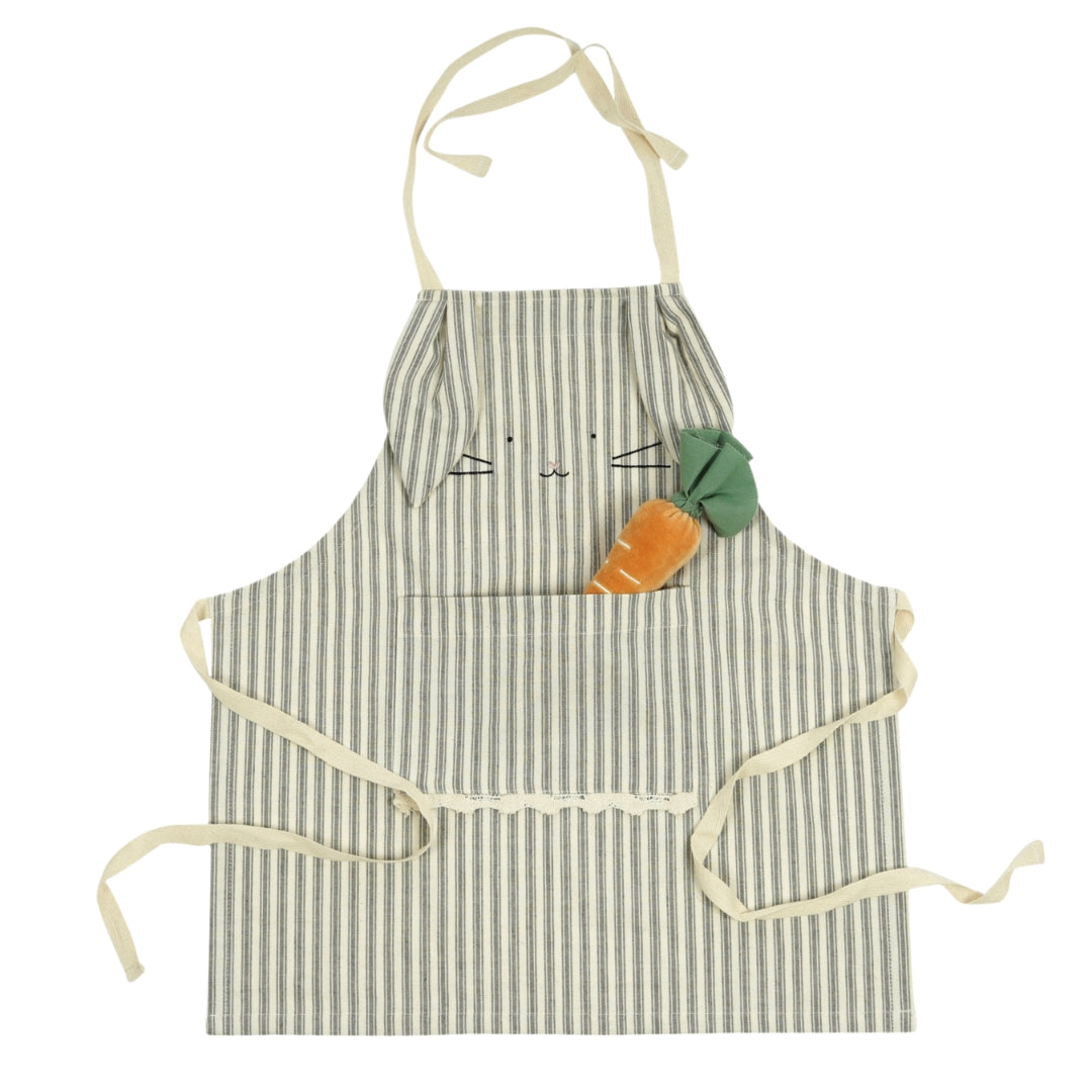 Grey striped children's apron resembling a rabbit, with a carrot pocket detail and bunny ears, perfect for playful cooking.