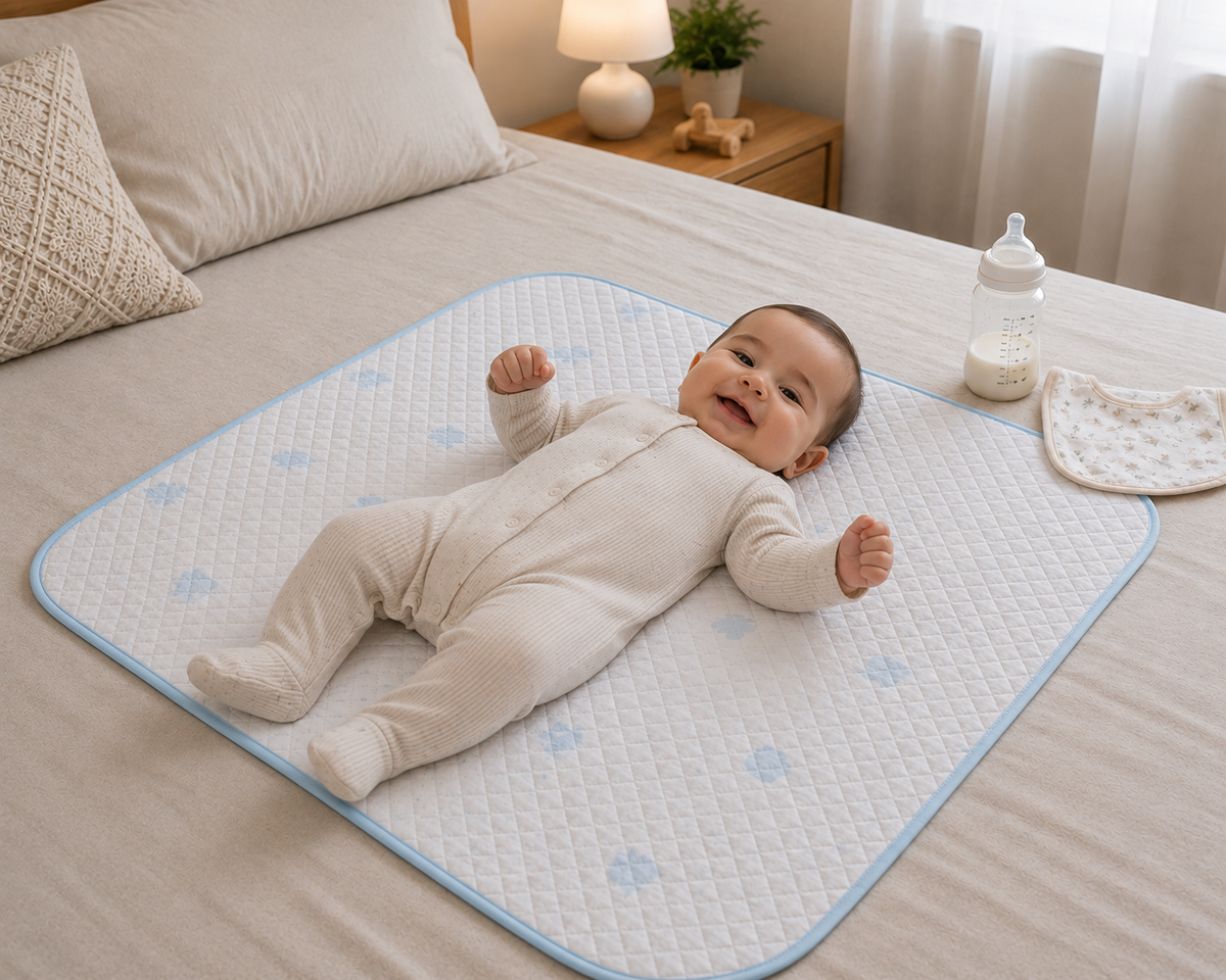 A smiling baby in a white onesie lies on a dry sheet  on a neatly made bed. A baby bottle and cloth are nearby on the bed, and a softly lit lamp sits on a bedside table.