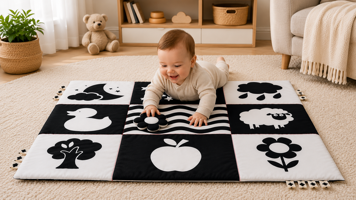 A smiling baby lies on a black and white high contrast play mat with bold patterns and animal designs in a cozy, softly lit nursery with toys and shelves in the background.