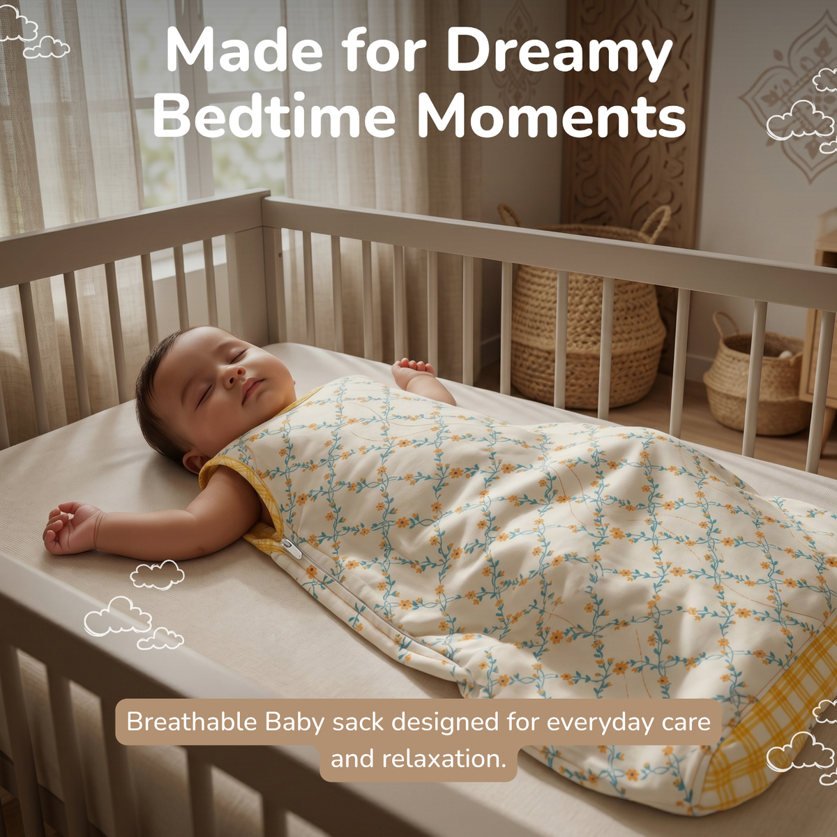 A baby sleeping peacefully in a wooden crib, wrapped in a breathable baby sleep sack with a yellow and blue floral pattern. Text overlays read 'Made for Dreamy Bedtime Moments' and 'Breathable Baby sack designed for everyday care and relaxation.