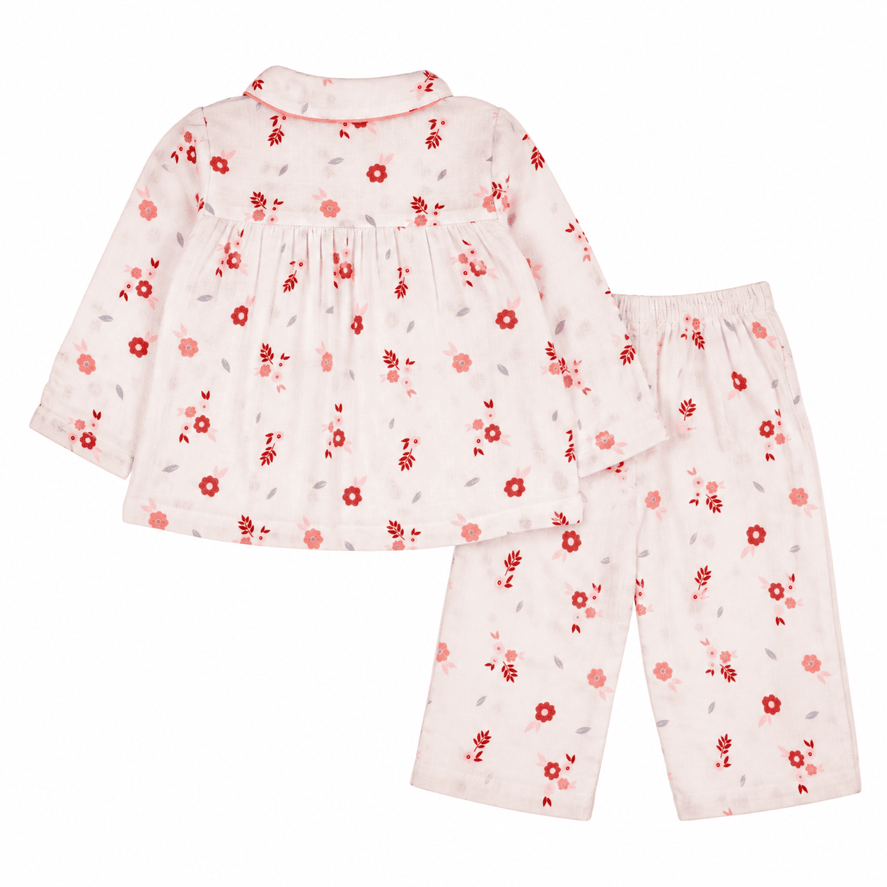 Backside of a baby's nightsuit with a long-sleeve top and pants featuring a red and pink floral pattern.