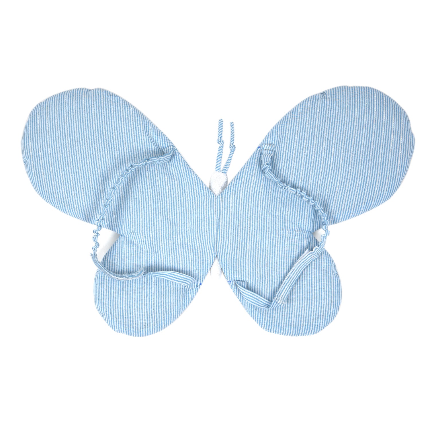 Back side of a blue and white striped plush butterfly featuring round white spots and a smiling face, designed for children’s decor or play.