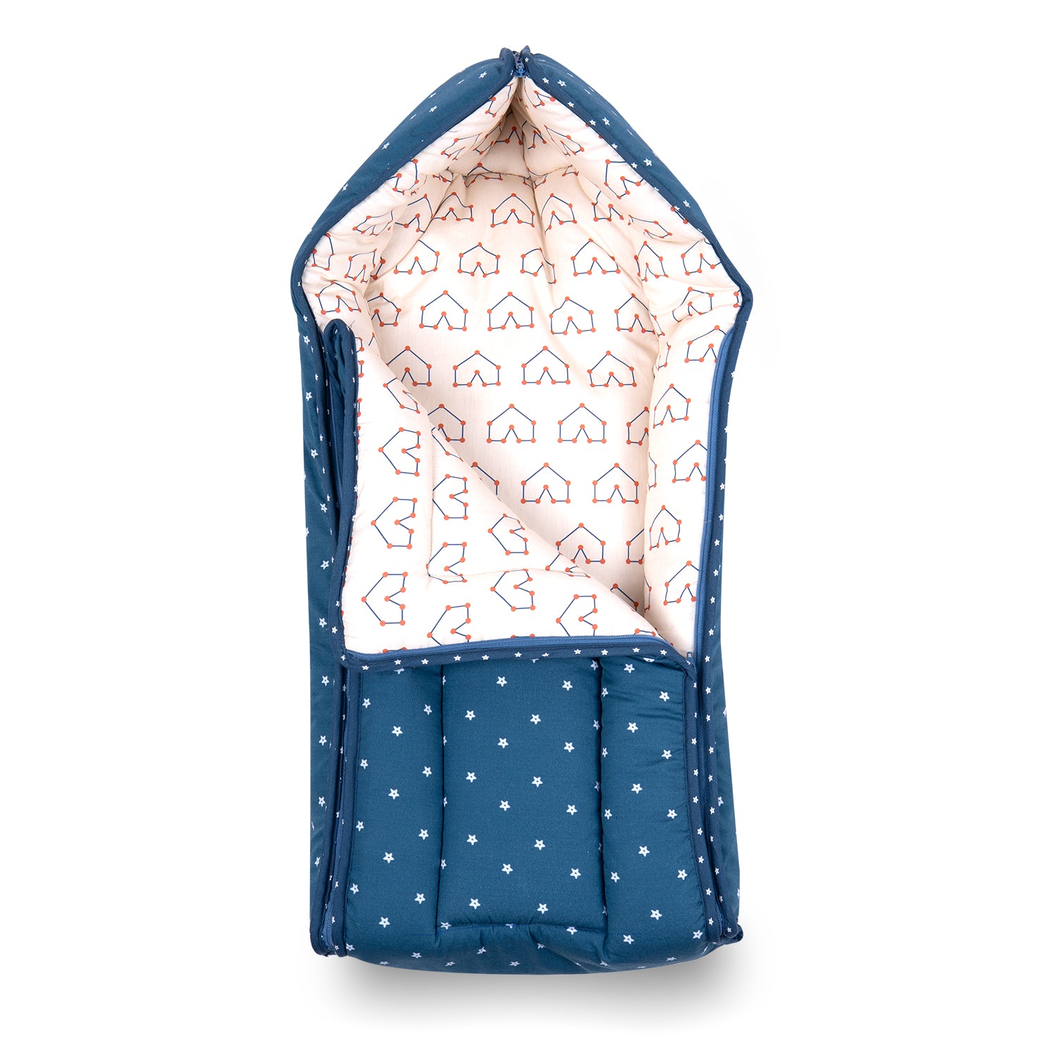 A blue baby carry nest with white stars and a cozy, patterned interior featuring red houses. Ideal for infant comfort and warmth.