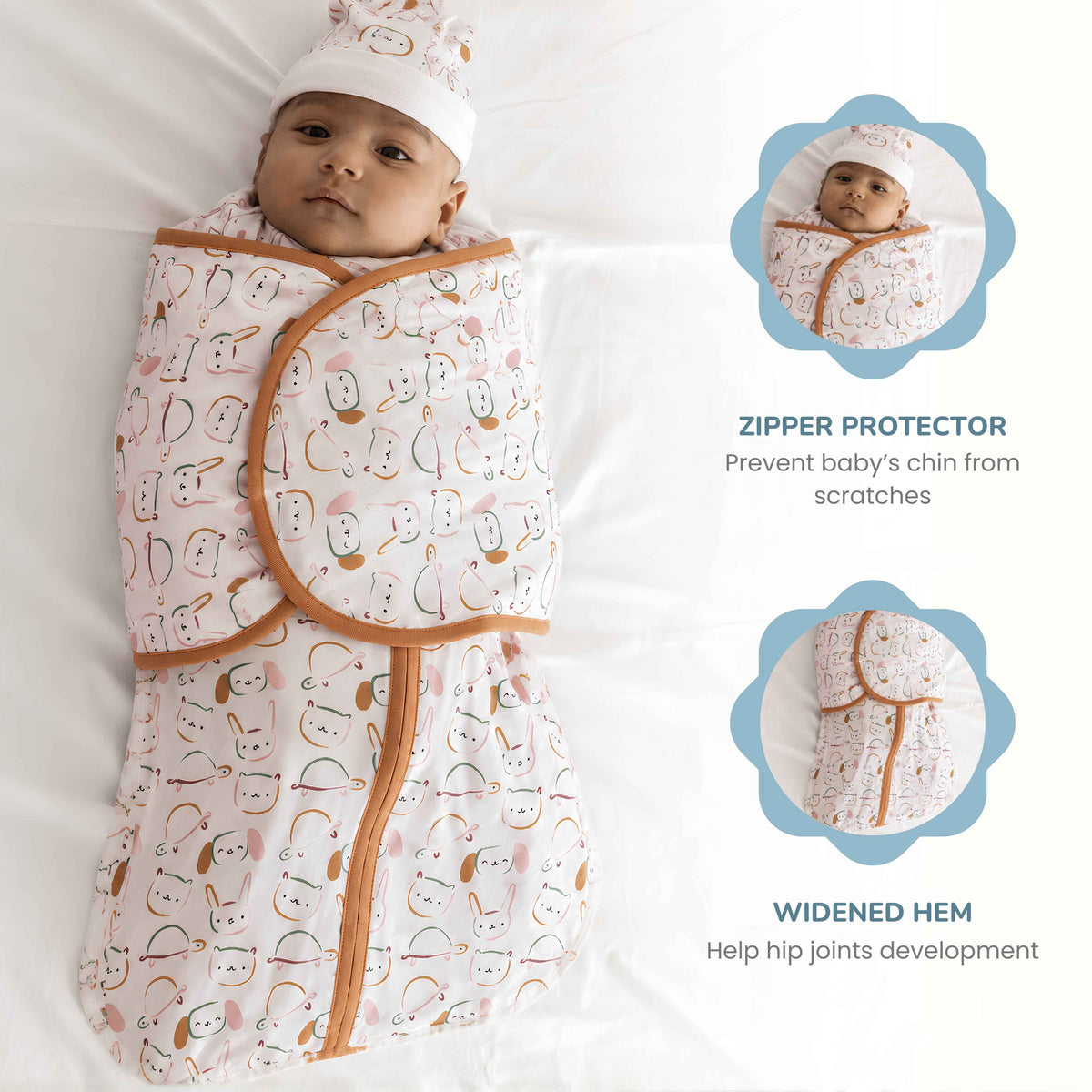 A baby swaddled in a white butterfly cotton swaddle with a cute animal print and tan zipper trim, lying on a white bed. Two circular inset callouts on the right show close-ups of the product features: a zipper protector and a widened hem, with text labels explaining them.