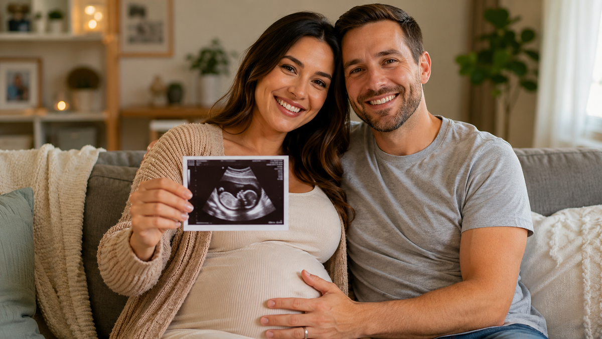 A smiling pregnant woman and man sitting together on a couch in a cozy living room. The woman holds up a black-and-white ultrasound photo showing a baby's face.