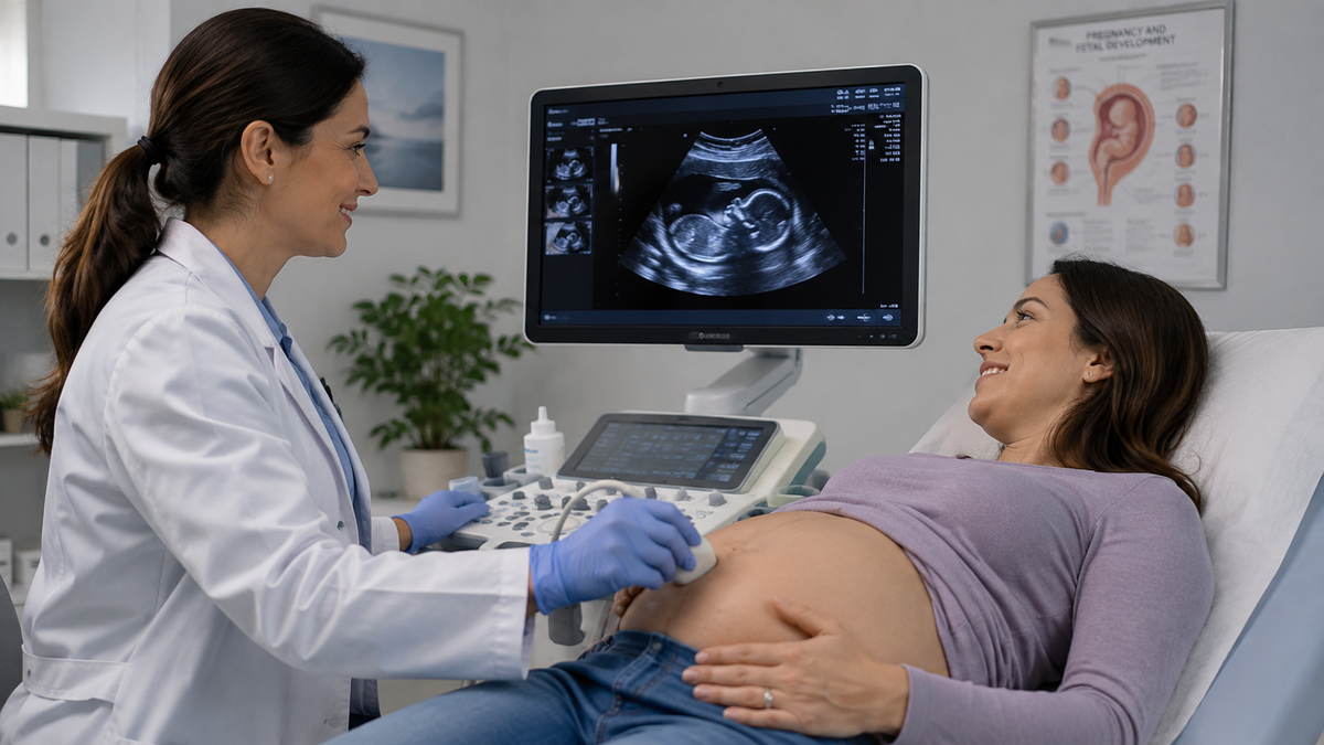 A pregnant woman lies on an examination table while a doctor in a white lab coat performs an ultrasound on her belly. The ultrasound machine screen displays a fetal scan, and medical posters are visible on the wall in the background.