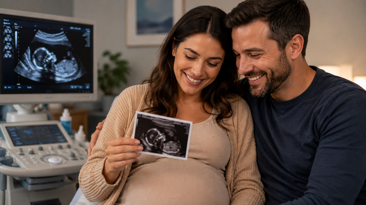 A smiling pregnant woman holds an ultrasound print while sitting with a man in a bright, modern medical office. An ultrasound machine and monitor are visible in the background.