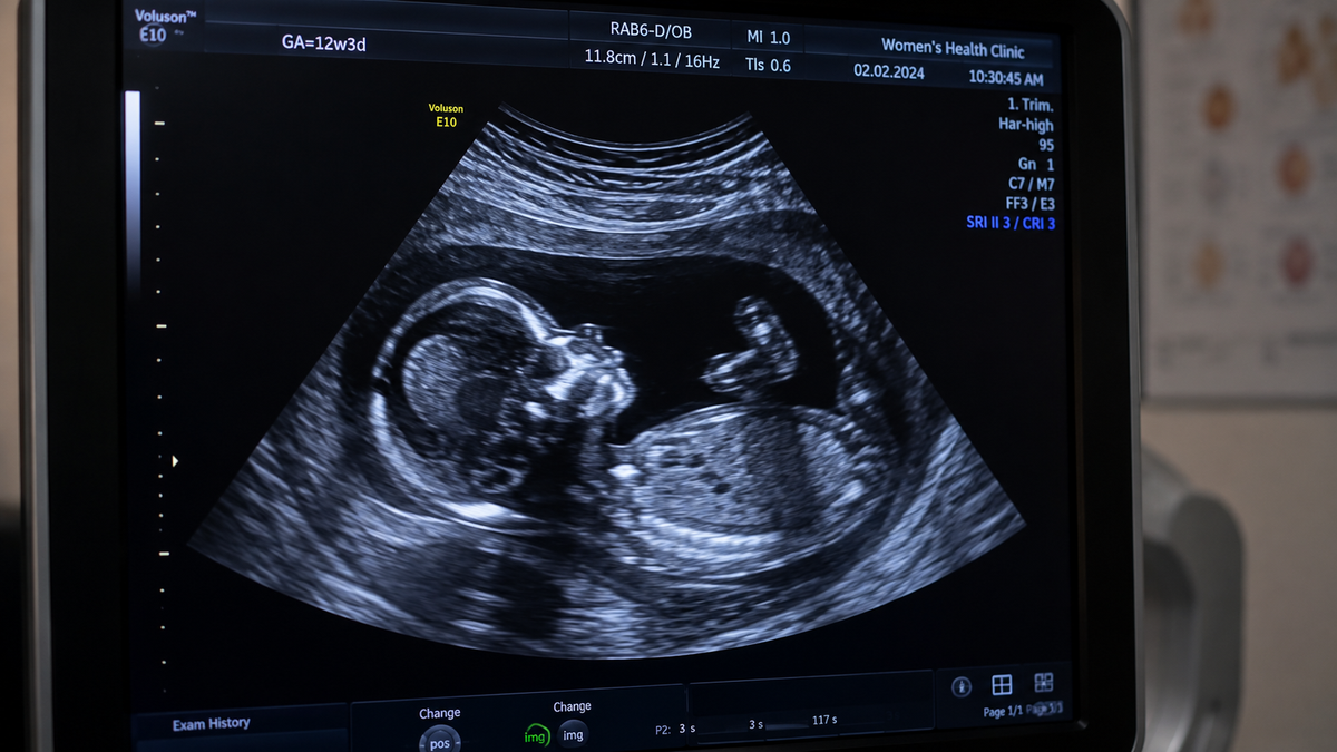 A close-up of an ultrasound machine screen showing a grayscale fetal scan, with medical interface text and a hospital wall in the background.