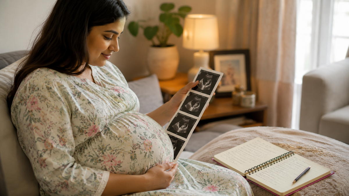 A pregnant woman in a floral print robe sits on a couch in a warmly lit living room, holding a sheet of ultrasound images. An open notebook and pen rest on the couch beside her.