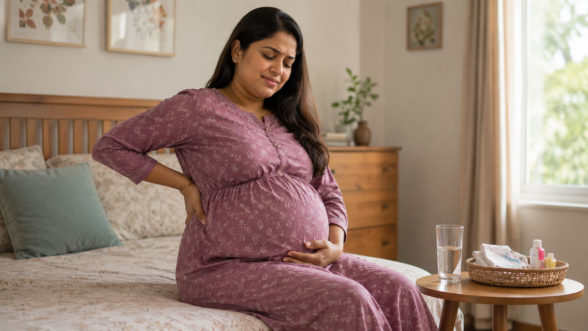 A pregnant woman in a mauve patterned pajama set sits on a bed in a bedroom, holding her stomach and holding her lower back. A small bedside table next to her holds a glass of water and a tray with maternity items.