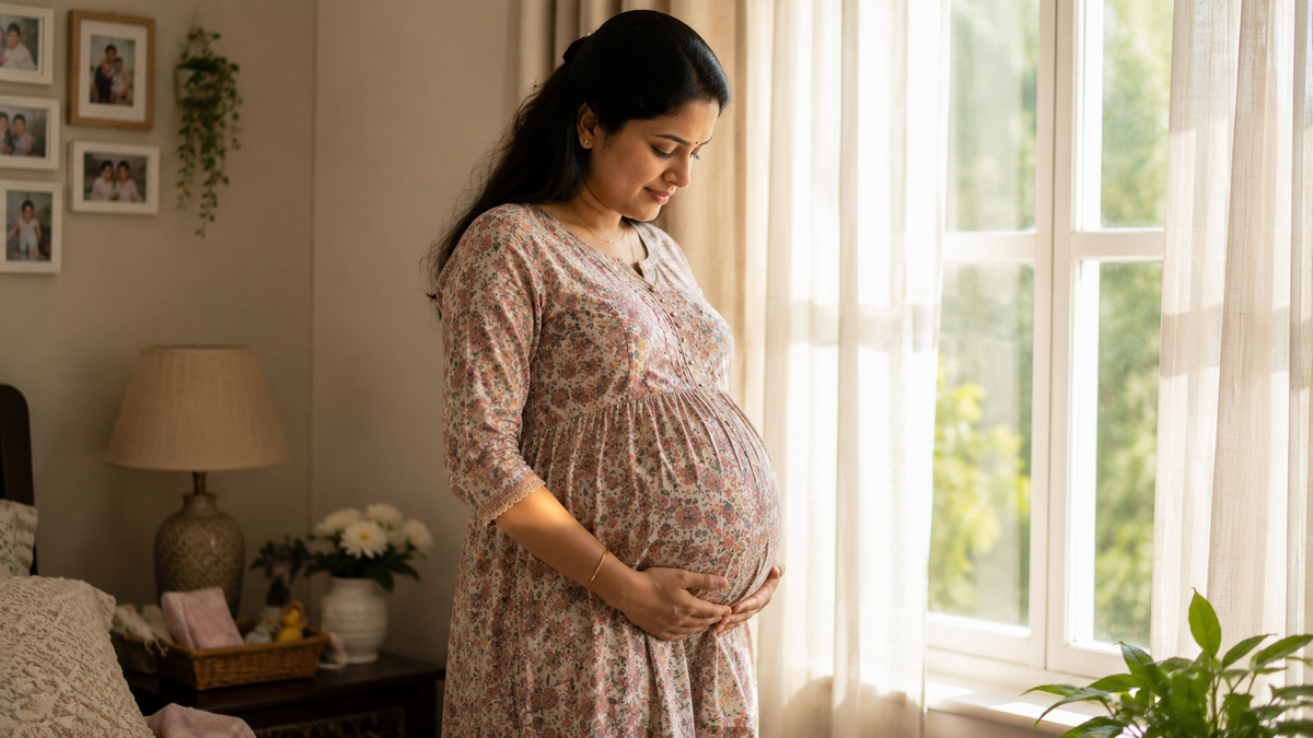 A pregnant woman wearing a floral print maternity dress stands in a softly lit bedroom, cradling her baby bump beside a bright window with sheer curtains.
