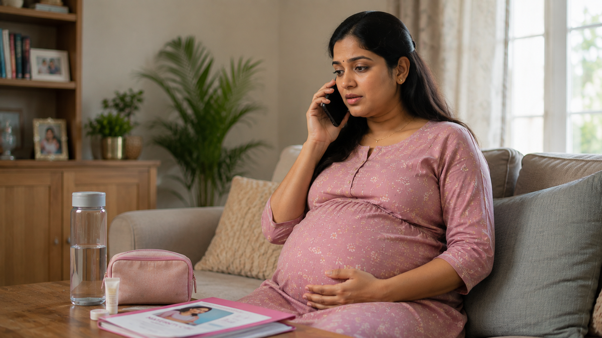 A pregnant woman in a pink patterned maternity dress sits on a gray couch in a living room, talking on her phone. A pink pouch, a water bottle, and a notebook are on the table in front of her.