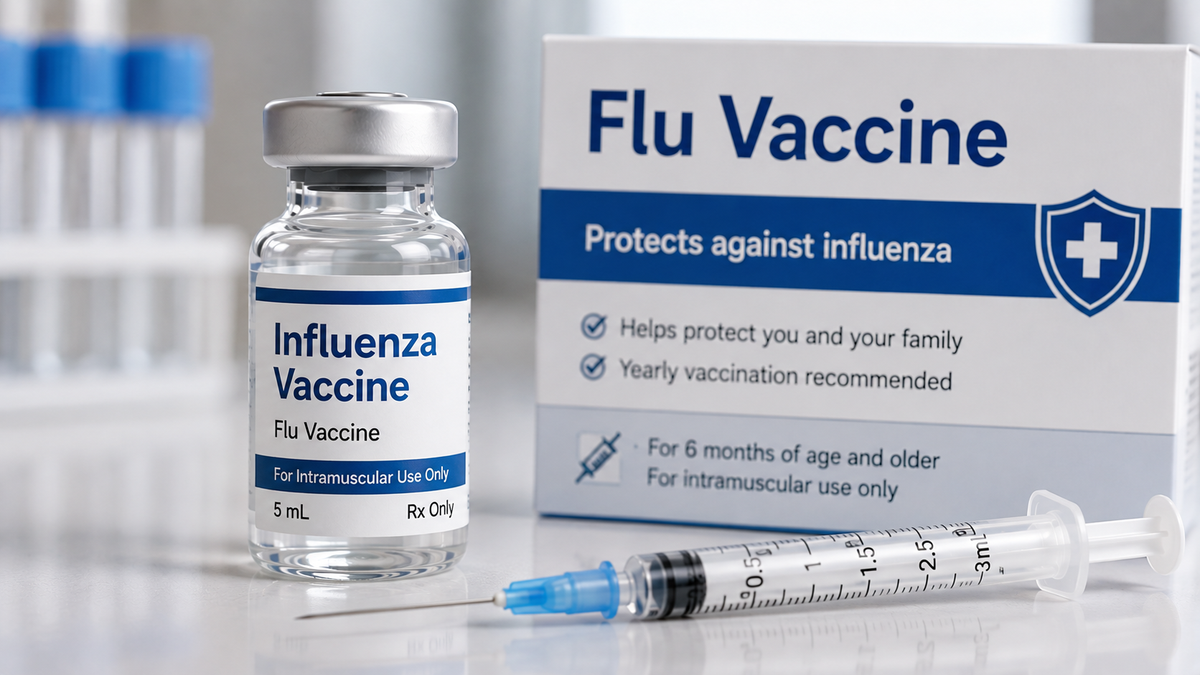 A Flu Vaccine vial with a silver cap and blue label, shown next to its white and blue retail box and a syringe on a light surface.