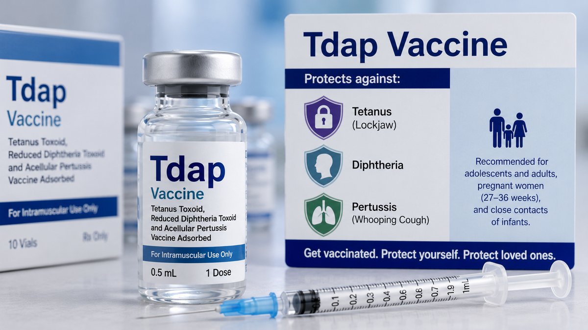 A clear glass Tdap vaccine vial with a silver cap stands in front of branded Tdap Vaccine packaging and a syringe on a white studio background. The box and card label show the Tdap Vaccine branding and text listing protections against tetanus, diphtheria, and pertussis.