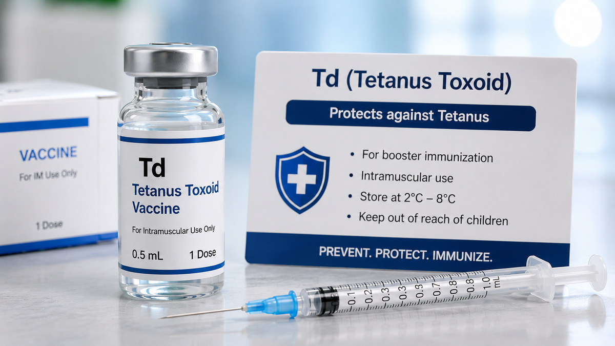 A clear vial of Td Tetanus Toxoid Vaccine with a silver cap and blue-and-white label, shown beside a syringe and an informational card reading 'Td (Tetanus Toxoid)'. A partial vaccine box is visible in the background on a bright, softly blurred surface.