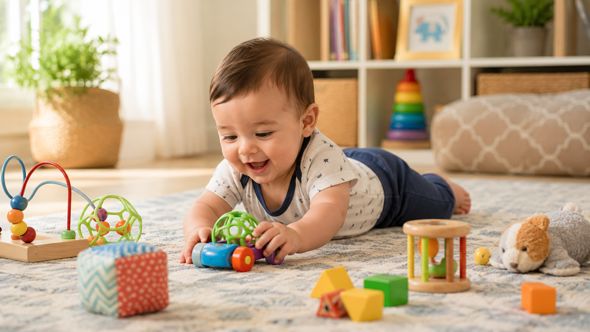 A baby lying on their stomach on a patterned rug, smiling and playing with colorful toys in a bright, modern nursery. The baby is wearing a white short-sleeve shirt with small blue stars and dark blue pants.