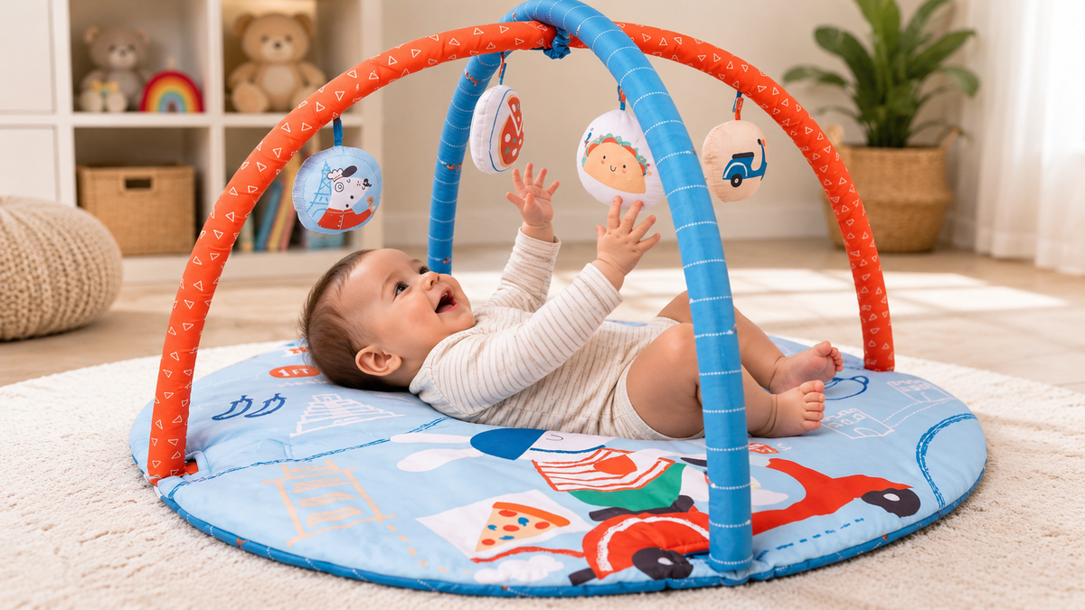 A baby lies on a blue and orange baby activity gym mat on a cream carpet in a bright nursery. The mat features colorful cartoon illustrations, and the arches are bright orange and blue with hanging toys.