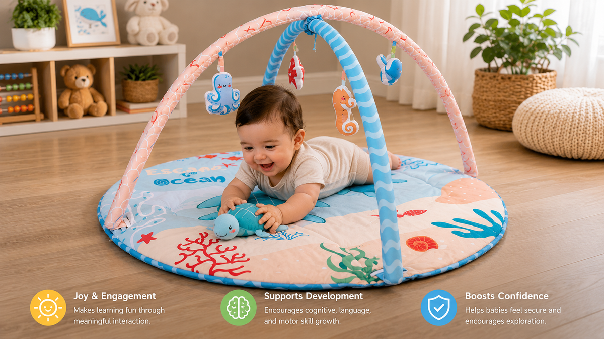 Baby playing on an ocean-themed activity play mat with colorful hanging toys.