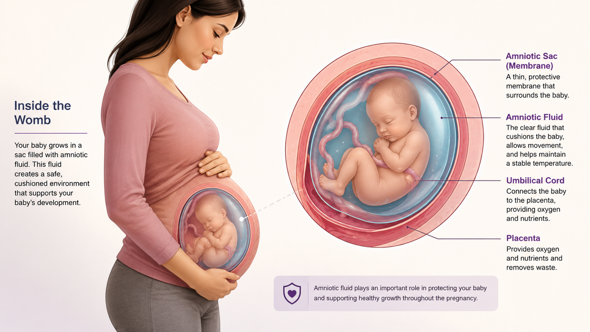 An educational medical-style diagram showing a pregnant woman holding her baby inside, alongside a labeled cross-section of the womb with text identifying amniotic sac, fluid, umbilical cord, and placenta.