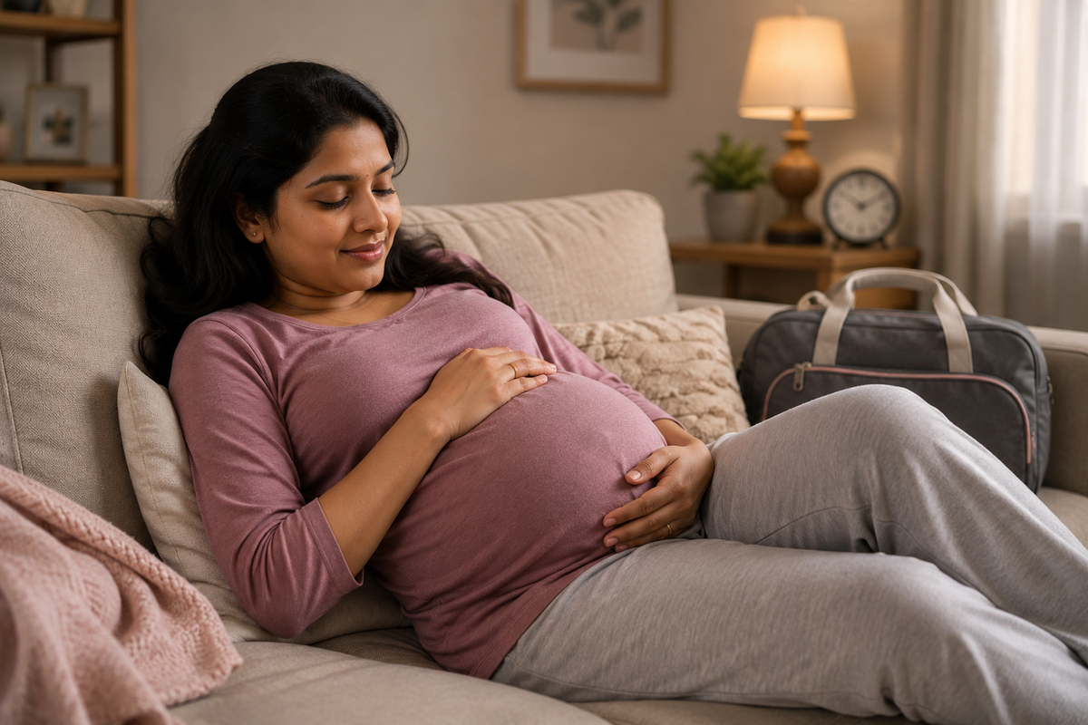 A pregnant woman in a mauve long-sleeve top and gray sweatpants reclines on a beige couch in a warmly lit living room, holding her baby bump. A gray and white diaper bag sits beside her.