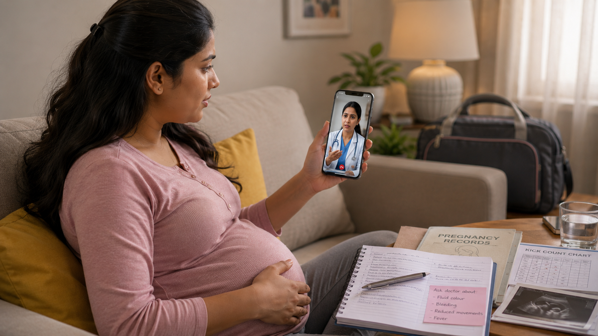 A pregnant woman in a pink top sits on a beige couch in a living room, holding a smartphone video call with a doctor. Papers and a pregnancy photo print are spread on the coffee table in front of her.