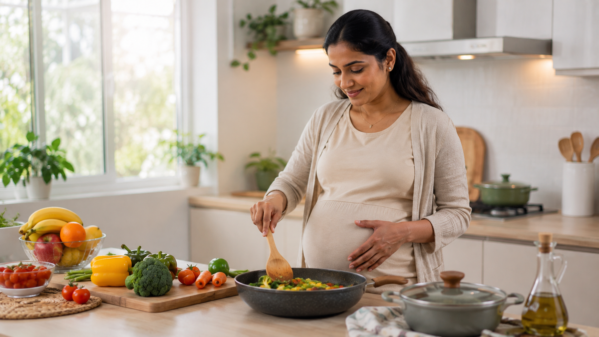 A pregnant woman with dark hair tied back wears a beige cardigan over a light top, standing in a bright kitchen and stirring a pan of vegetables. Fresh fruits, vegetables, and cooking utensils are arranged on the counter in front of her.