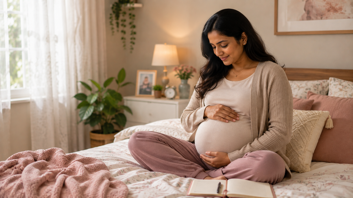 A pregnant woman sits cross-legged on a bed in a softly lit bedroom, holding her baby bump. She wears a beige cardigan over a light top and dusty pink pants.