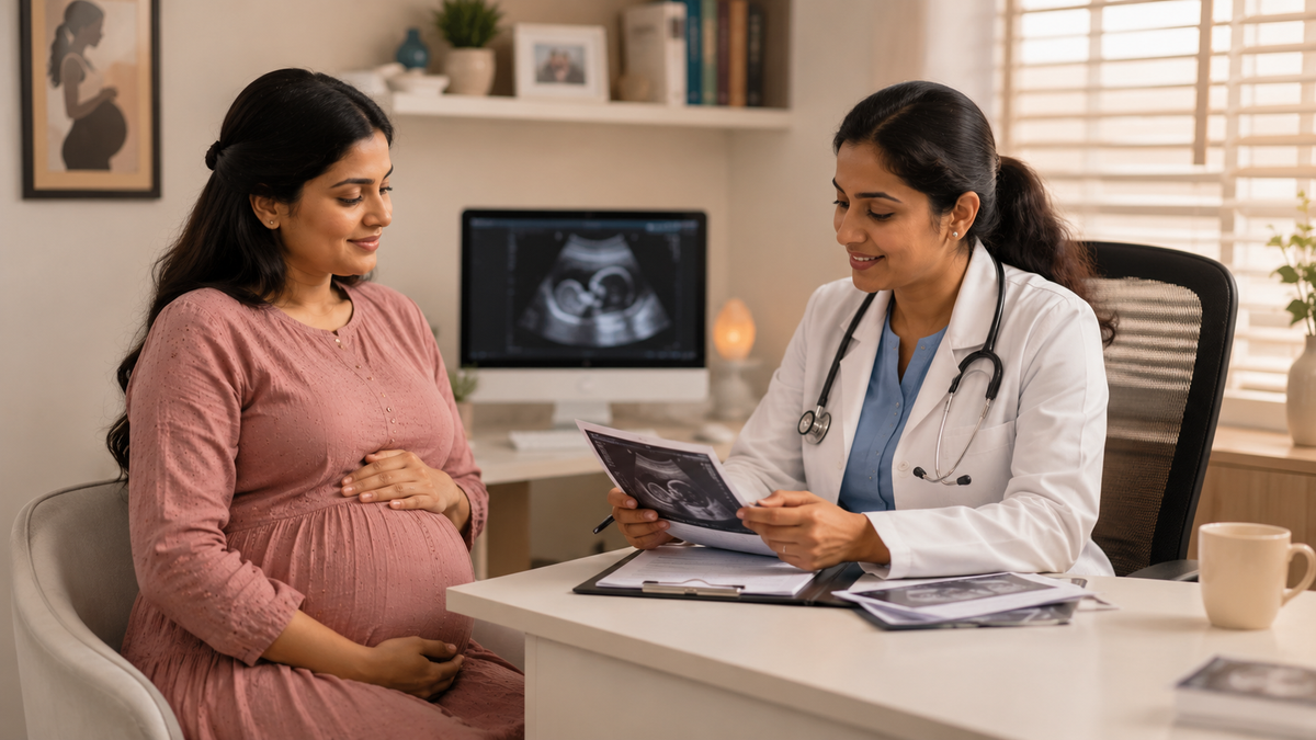 A pregnant woman in a dusty pink dress sits in a chair, holding her baby bump while talking to a doctor in a white lab coat with a stethoscope, in a brightly lit clinic room.