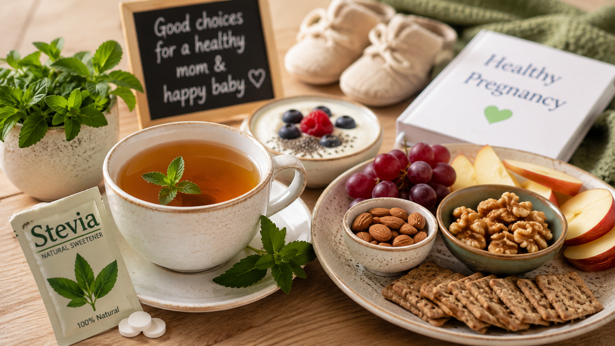 A styled tabletop scene with a cup of tea, a packet of Stevia sweetener, a small chalkboard sign reading 'Good choices for a healthy mom & happy baby', baby booties, a 'Healthy Pregnancy' book, grapes, crackers, nuts, and fruit on a wooden surface.