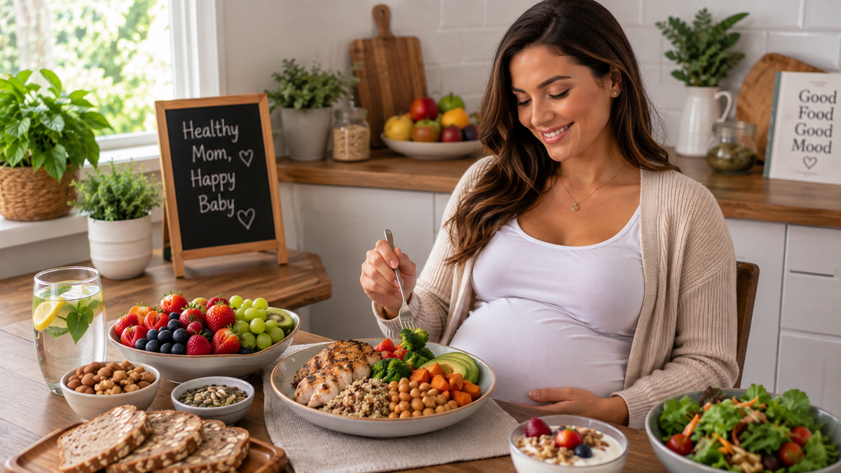 A pregnant woman sits at a table in a bright kitchen, eating from a large bowl of wholesome food including grains, chickpeas, broccoli, and fruit. Bowls of salad, crackers, and a glass of water are arranged around her, with a small chalkboard sign reading 'Healthy Mom, Happy Baby'.