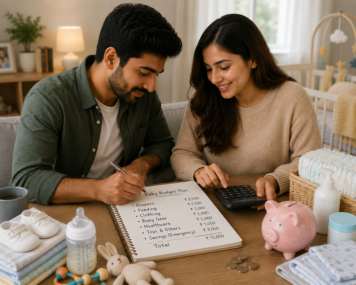 A man and woman sitting at a wooden table in a cozy room, writing and calculating a baby budget plan on a notebook. Surrounding the notebook are baby shoes, a bottle, a plush bunny, a pink piggy bank, diapers, and other baby items.