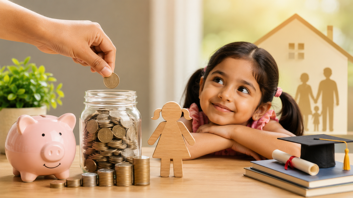 A young girl with pigtails smiles while leaning on a wooden table, with an adult hand dropping a coin into a glass jar filled with coins. A pink piggy bank, a small wooden figure, books, and a graduation cap are arranged on the table, with a house silhouette in the background.