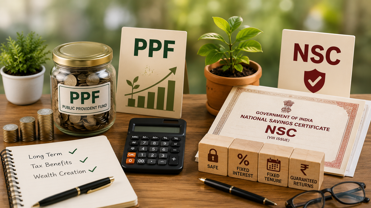 A styled desk scene with financial planning props: a PPF jar, an NSC certificate, cards labeled PPF and NSC, a calculator, a notebook, pens, coins, and small potted plants on a wooden surface.