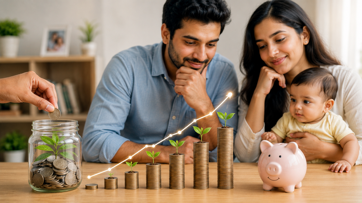 A family scene at a wooden table with a pink piggy bank, a glass jar of coins with green sprouts, and stacked coin stacks with a glowing upward-trending line. A man, a woman, and a baby are seated at the table, with a hand placing coins into the jar on the left.