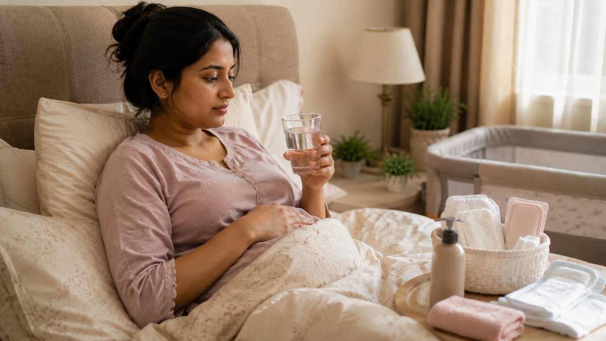 A pregnant woman in a pink top sits in bed holding a glass of water, with baby care items like diapers, a bottle, and a folded blanket on a bedside table in a softly lit nursery.