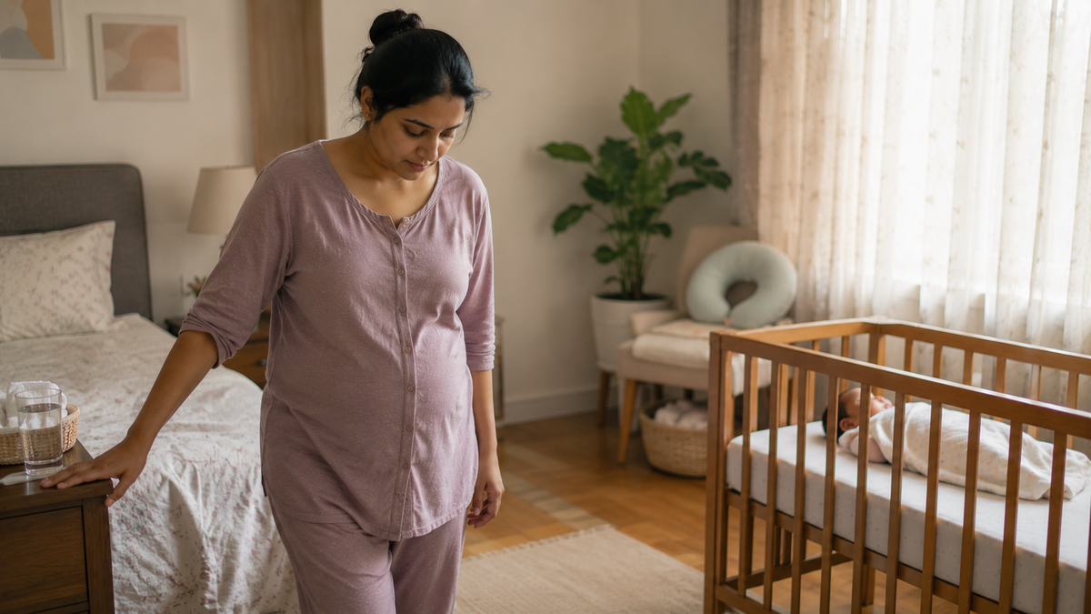 A pregnant woman wearing a dusty mauve maternity pajama set stands in a softly lit nursery next to a wooden crib with a baby inside.