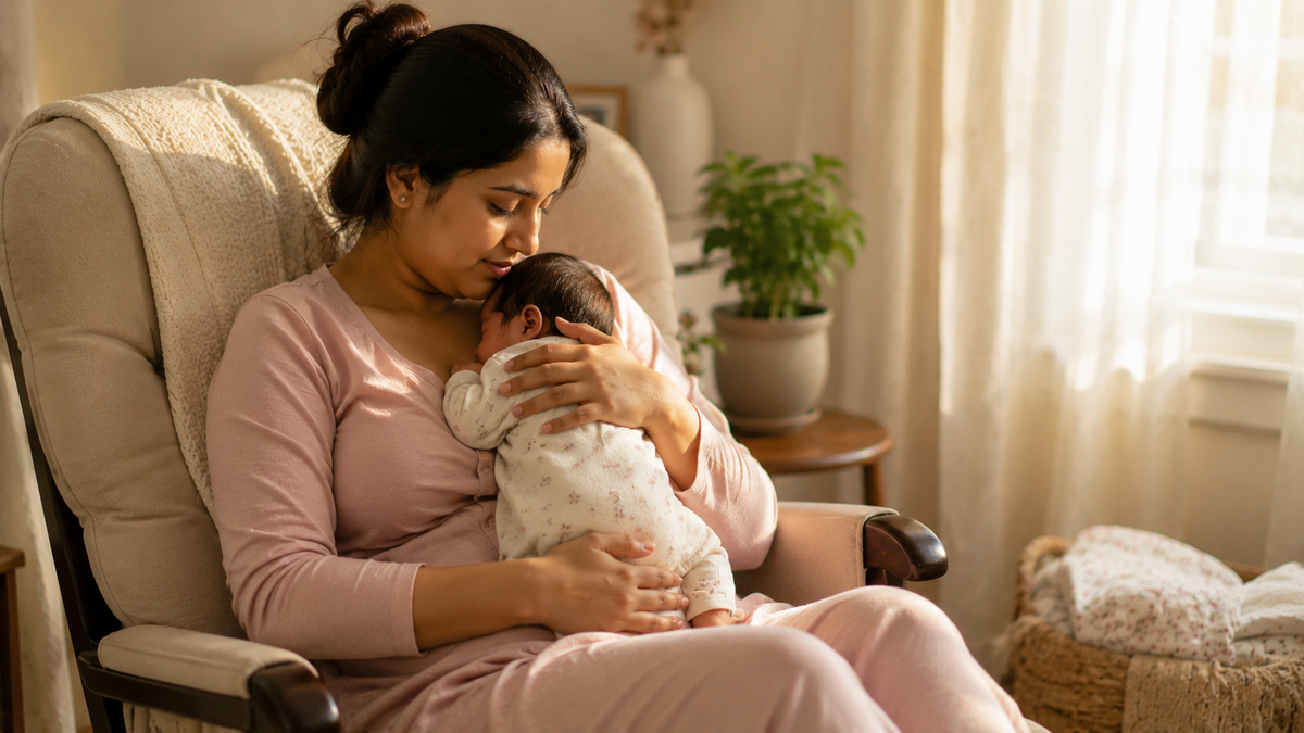 A woman in a pink long-sleeve top and matching pants sits in a beige armchair, holding and breastfeeding a baby dressed in a white patterned onesie in a softly lit home interior.