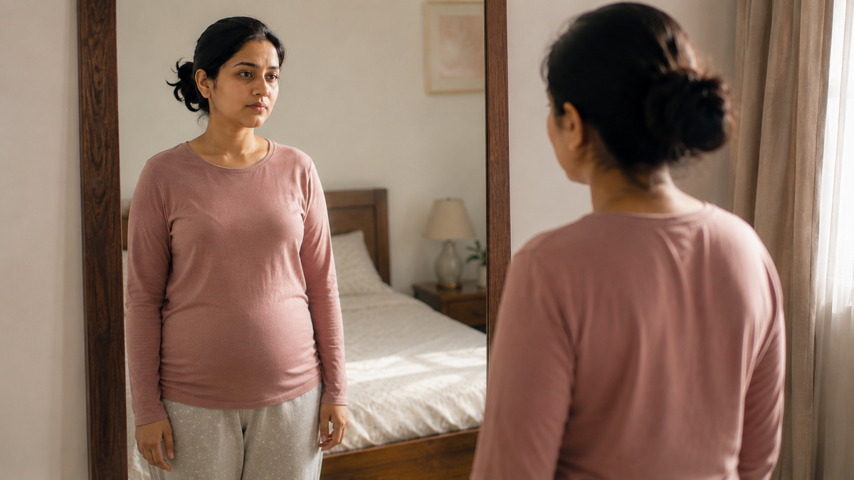 A pregnant woman wearing a dusty rose long-sleeve shirt and light gray sweatpants stands in front of a mirror in a bedroom, looking at her reflection.